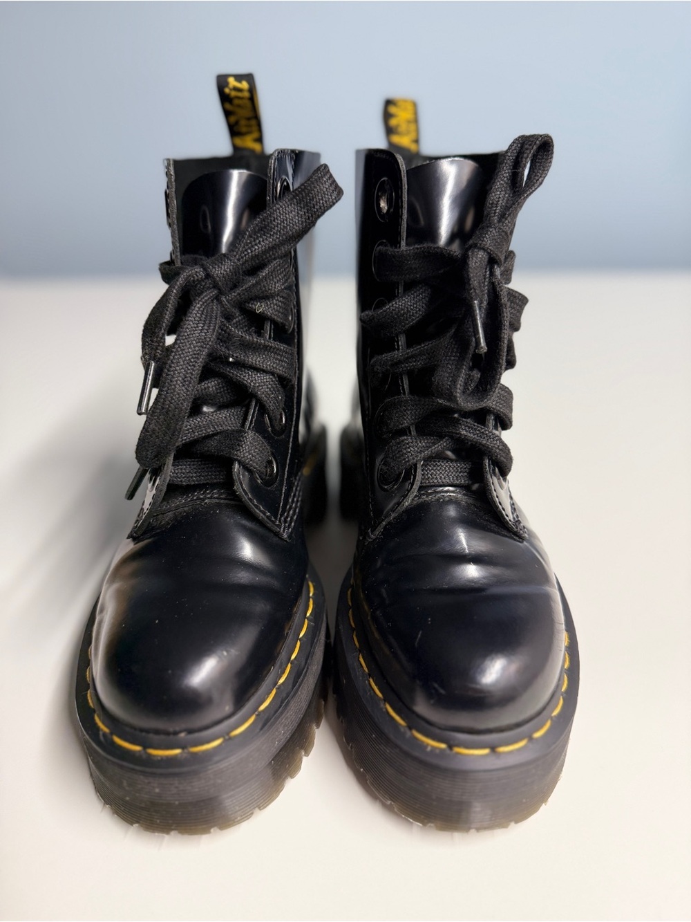 Dr. Martens Black Leather Platform Lace-Up Boots with Yellow Stitching